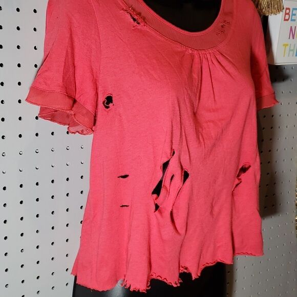 TRASHED Ripped Coral Scoopneck Blouse, Sz Small/Med, Custom Glammed Up Grunge! - Picture 4 of 7